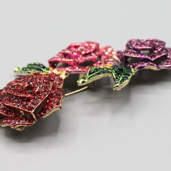 Jewelry pin brooch rose roses flower large gold tone pink red purple fashion - Picture 11 of 12